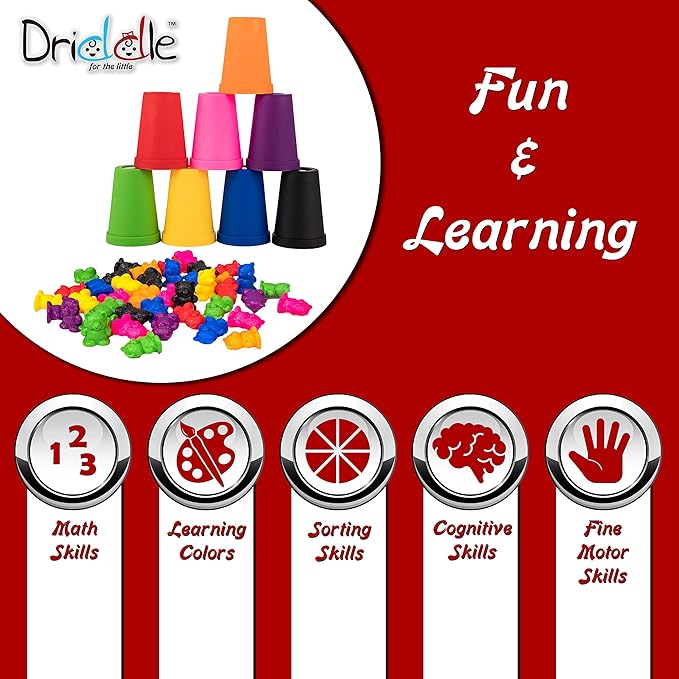 Driddle Colorful Counting Bears with Matching Cups - 80 Bears - Sort, Count & Color Recognition Learning Toy for Toddler & Kids - Montessori Education - Preschool Game