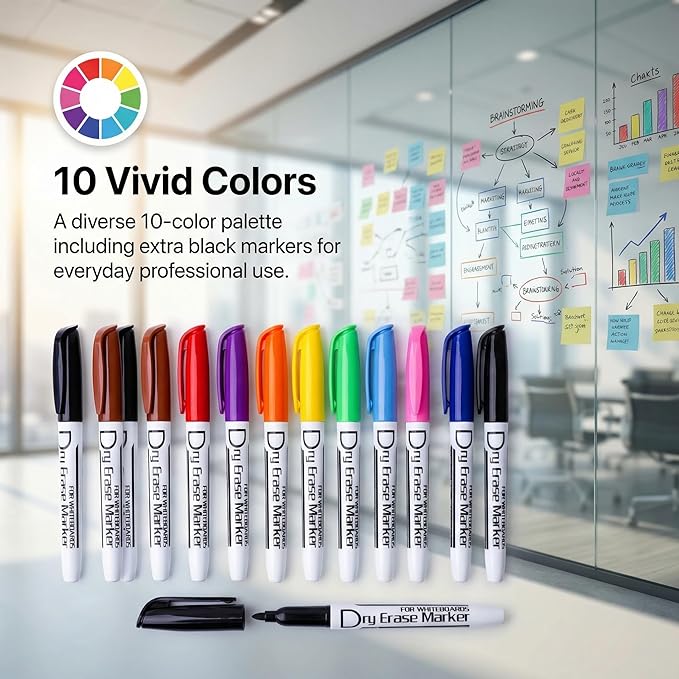 Volcanics Dry Erase Markers Low Odor Fine Whiteboard Markers Thin Box of 12, 10 Colors