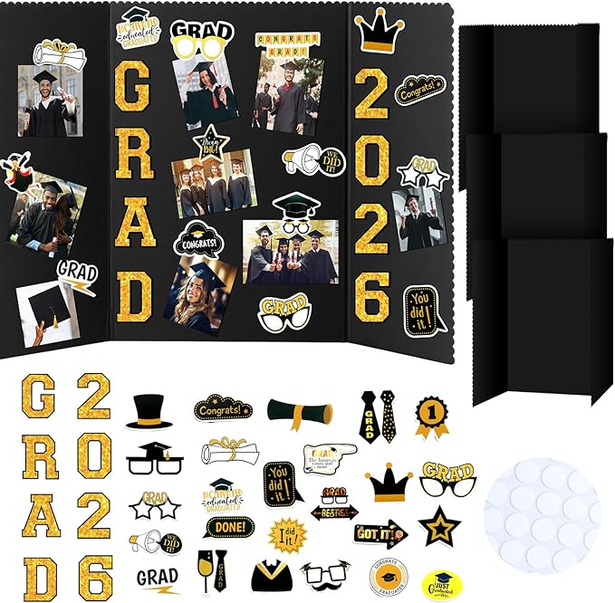 MiniInflat 4 Set 2026 Graduation Picture Trifold Poster Board Double-sided Foldable Photo Display Board Graduation Decoration for Class of 2026 High School College DIY Craft(Black Gold,24 x 32 Inches)