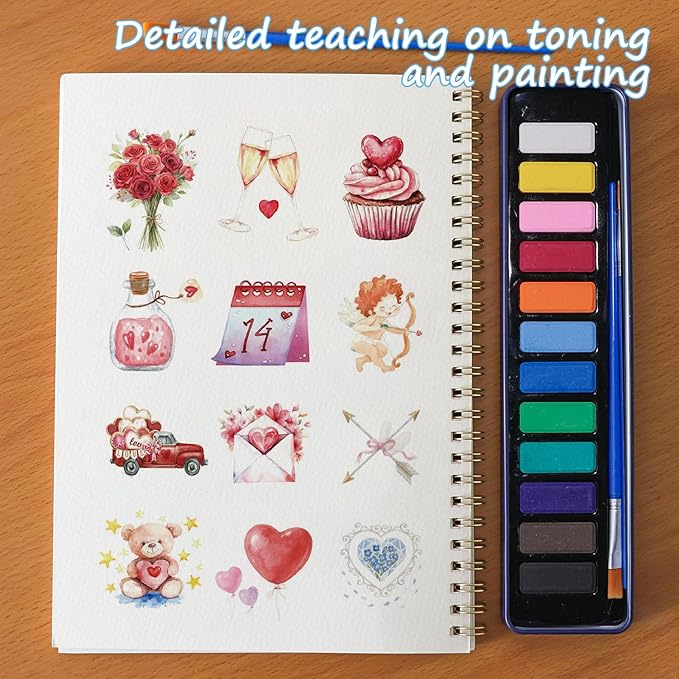 Beginner Watercolor Painting Kit Watercolor Workbook Coloring Book 12 Colors Paint Set with Brush, DIY Valentine's Day Cards Easily Master Beginner Friendly Watercolor Paint Set Valentine's Day Gifts for Adults Teens. (Valentine's Day)