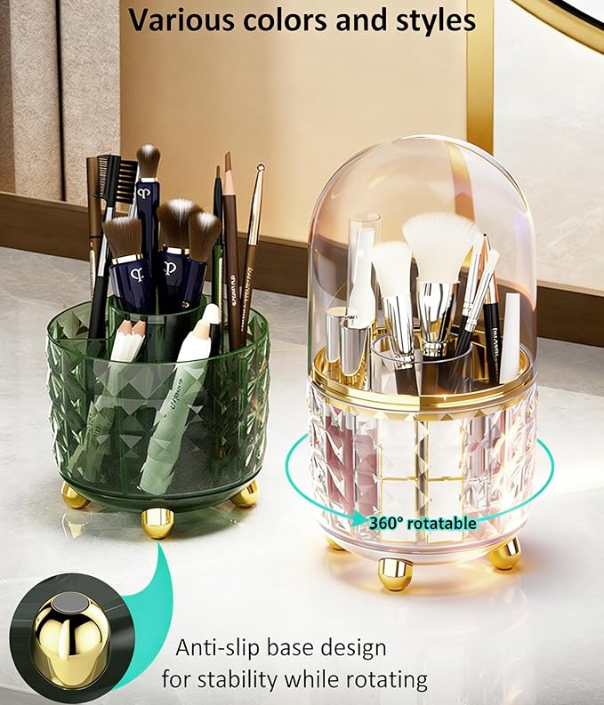 GOTOBA 360° Rotating Pencil Holder for Desk, Makeup Brush Holder with 6 Slots, Desk Organizer for Writing Utensil, Office and School Supplies (Clear with cover)