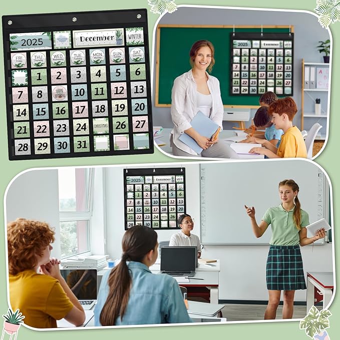 119 Pcs Classroom Calendar Pocket Chart Black Monthly Bulletin Board Set Seasons Festival Weather Farmhouse Calendar Set for Classroom Decoration Back to School Supplies(Greenery)