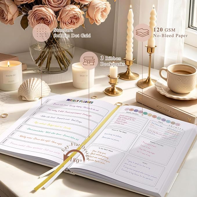 Everloria Premade Dotted Journal Notebook, 12 Months Pre-made Bullet Templates, 260 Hand-Drawn Coloring Pages, Undated Weekly & Monthly Planner, 7.8"x9.3" Linen Dot Grid Habit Mood Tracker, Beige