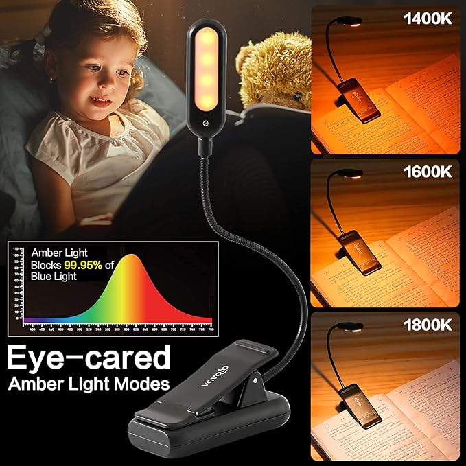VAVOFO Amber Rechargeable Book Lights, Blue Light Blocking Reading Lights, 7 LEDs Eye Care 9 Colors 9 Brightness Clip On for Bookworms with Power Indicator Lasting 70h (2-Pack, Black)