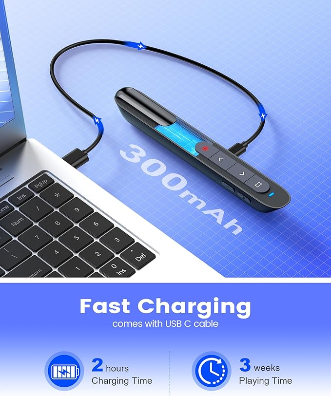 Presentation Clicker Rechargeable Compatible with Bluetooth and RF 2.4GHz Red Light, Wireless Presenter Remote Control for Powerpoint Presentations Slide Clicker for Mac Computer