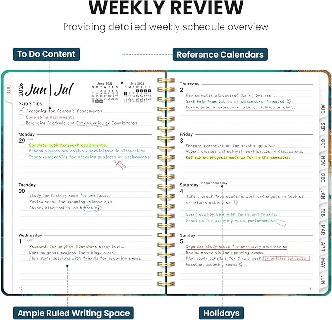 Planner 2026-2027, Monthly and Weekly Academic Planner July 2026 - June 2027, Hardcover Student Teacher Planning Agenda Calendar Book with Tabs, Perfect for Office School Supplies, A4 (8.5" x 11") - Emerald Shores