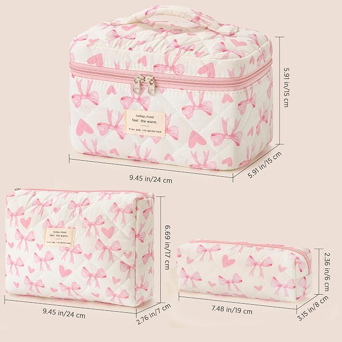 HBselect Quilted Makeup Bag, 3Pcs Cotton Large Travel Makeup Bags Organizer | Cute Floral Make up Bag Cosmetic Bag Toiletry Bag for Women Girls, Makeup Pouch for Skincare, Brushes & Travel Essentials