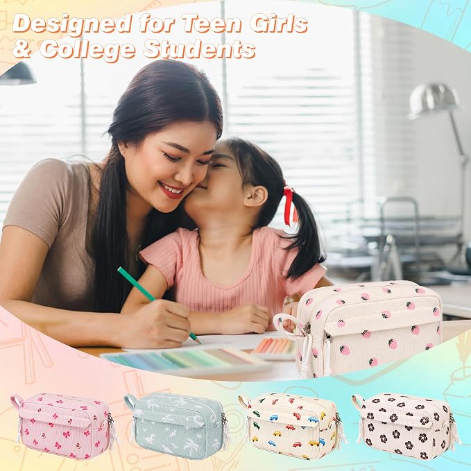Big Capacity Pencil case,Soft Corduroy Pencil Bag with 3 Compartment,Pencil Pouch School Supplies Cute Pencil Box Pencil Bag for Teen Girls Boys College (Pink Strawberry)