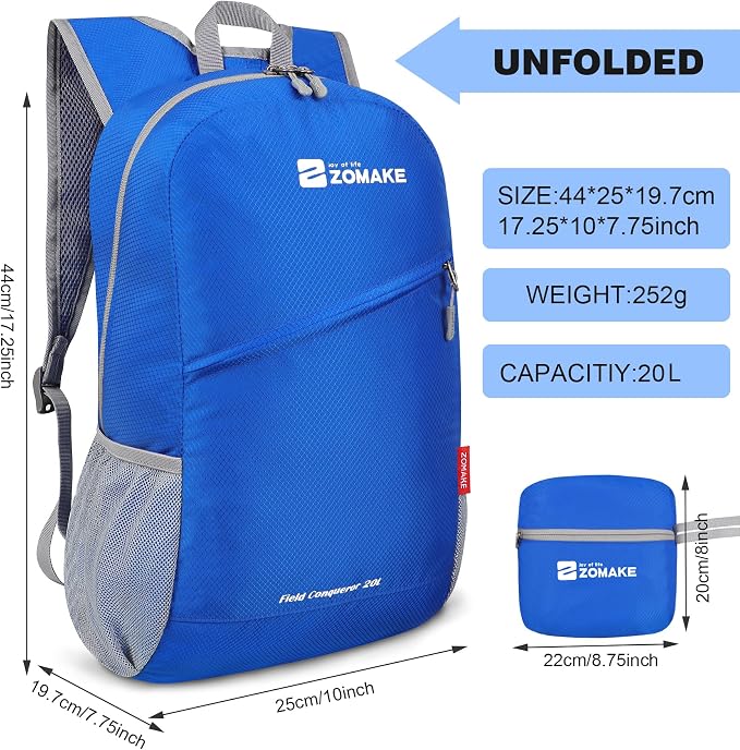 ZOMAKE Lightweight Packable Backpack 20L, Foldable Small Daypack for Hiking | Water Resistant Backpacks Day Bag for Travel Outdoor Camping Sport, Everyday Carry, Multi Compartment Storage(Dark Blue)