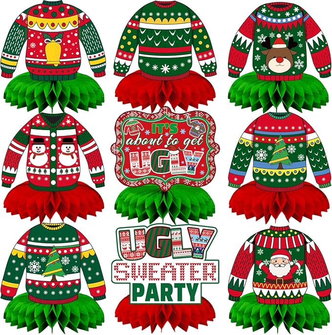 Christmas Ugly Sweater Party Decorations Honeycomb Centerpiece,9Pcs Ugly Sweater Centerpieces for Tables,3D Xmas Table Topper Xmas Table Centerpieces for Merry Christmas Holidays Decoration