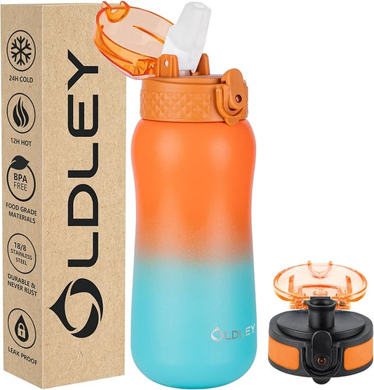 Oldley Insulated Water Bottle 12oz Kids Water Bottles with Straw, Stainless Steel Water Bottle with 2 Lids,Double Wall Vacuum Bottle, Leak-Proof Sport Bottles for School Travel, Ombre Orange-green