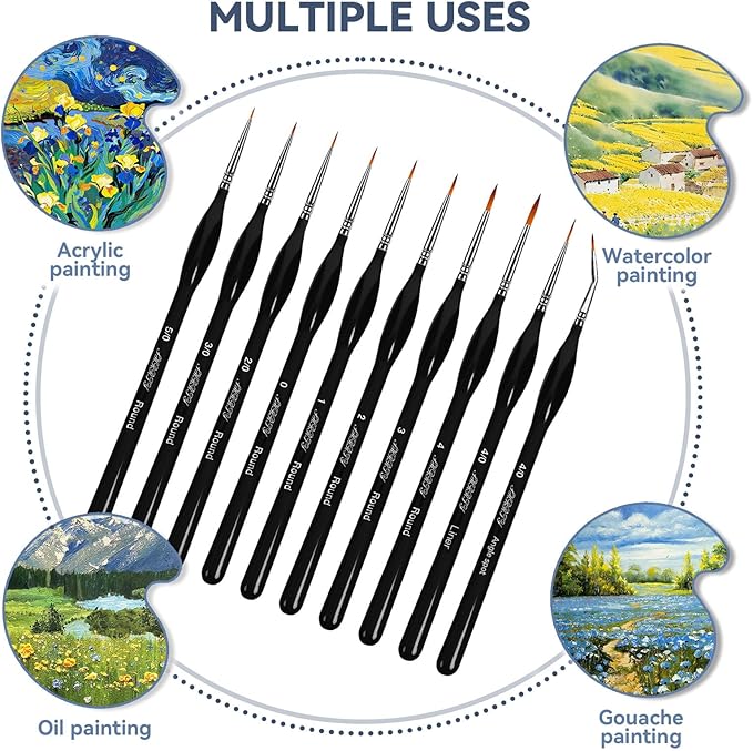 10Pcs Detailing Paint Brushes, Miniature Painting Brushes for Acrylic, Oil, Watercolor, Art Painting Brushes with Triangular Handles for Model, Nail, Figurine, Face, Paint by Numbers Kit for Adults