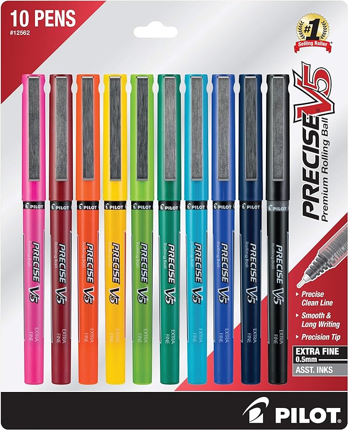 Pilot Precise V5 Capped Liquid Ink Rollerball Pens, Extra Fine Point Ink Pens 0.5 mm, Colored, Assorted Colors, Pack of 10 - Ideal for School, Journaling, & Office Writing