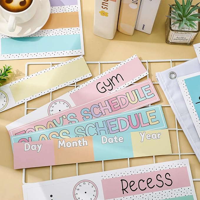 JarThenaAMCS Pastel Daily Schedule Pocket Chart 13 x 35.5 In Colorful 13 + 1 Pocket Visual Schedule Chart Board with 24 Card for Classroom Home Office Supplies