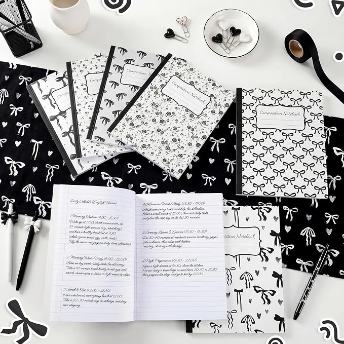 Fullhawl 6 Pack Composition Notebook College Ruled Bulk Black Bow Composition Notebook Preppy Aesthetic for Back to School Supplies 110 Pages 9-3/4 x 7-1/2" Journal for First Day of School Office