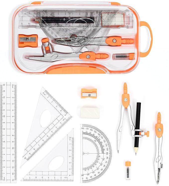 Vobou 10 Pieces Math Geometry Kit Set Student Supplies with Shatterproof Storage Box,Includes Rulers,Protractor,Compass,Eraser,Pencil Sharpener,Lead Refills,Pencil,for School and Drawings（Orange）