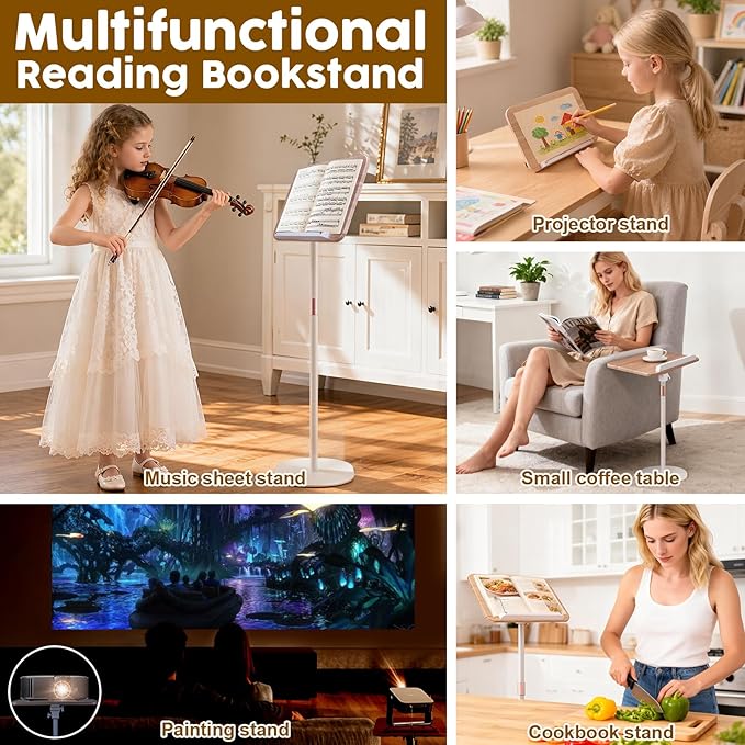 2 in 1 Dual-use Music Stand & Desktop Book Stand, Adjustable Height 16.5"-51", 100% Solid Wood Laptop Floor Stand Book Holder with Elastic Page Clips for Cookbooks, Sheet Music (White)