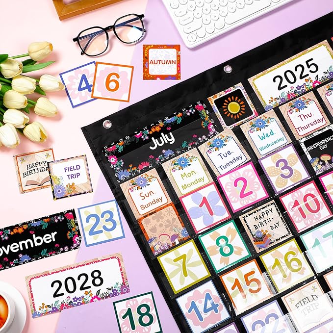 119 Pcs Classroom Calendar Pocket Chart Black Monthly Bulletin Board Set Seasons Festival Weather Farmhouse Calendar Set for Classroom Decoration Back to School Supplies(Wildflower)