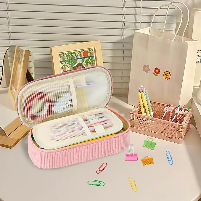 Zzrywuty Pink Aesthetic Pencil Case, Large Capacity Soft Corduroy Stationery Pouch with Handle, Wide Opening Cute Bag & Organizer for School Girls, Teens, Adults