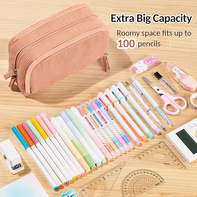 Sooez Big Capacity Pencil Case Pen Pouch, Soft Corduroy Pencil Bag with 3 Compartment, Multiple Pockets, Sturdy Zipper, Cute School Supplies Pen Bag Organizer For Teen Girls College-Orange