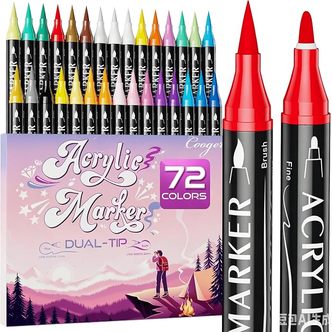 72 Colors Dual Tip Acrylic Paint Markers,Fine Tip and Brush Tip Permanent Acrylic Paint Pens For Rock Painting, Canvas, Wood, Glass, Ceramic, Fabric, Plastic, Egg, Scrapbook,Art Painting Supplies Kit