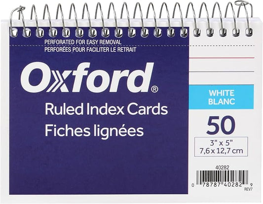 Oxford Premium-Weight Index Cards, Spiral, Ruled, 3 x 5 Inches, White, 50 Cards per Pack, 1 Pack (40282)