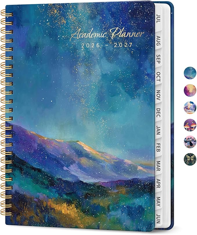 Planner 2026-2027, Academic Year Monthly and Weekly Calendar Planner, Jul 2026 - Jun 2027, Hardcover Teacher Student Planning Agenda book with Tabs, Perfect for School Office Supplies, 6.3" x 8.5" - Starlit Peaks