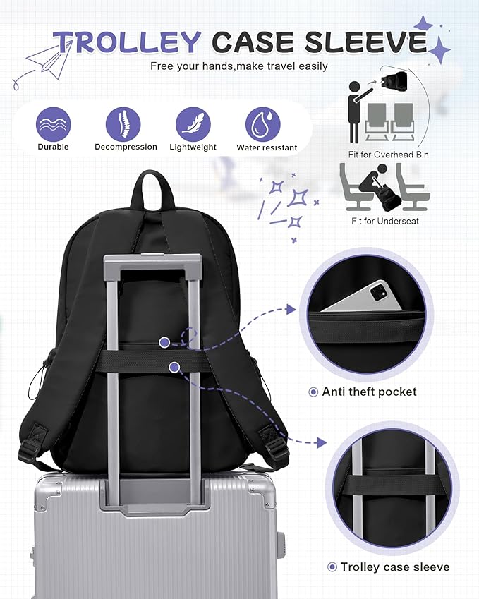 SEAFEW Large Black Classic Basic Backpack for Women, Gym Backpack for Women Foldable Outdoor Weekender Gym Bag, Waterproof Sports Back Pack & Dance Yoga travel Bag