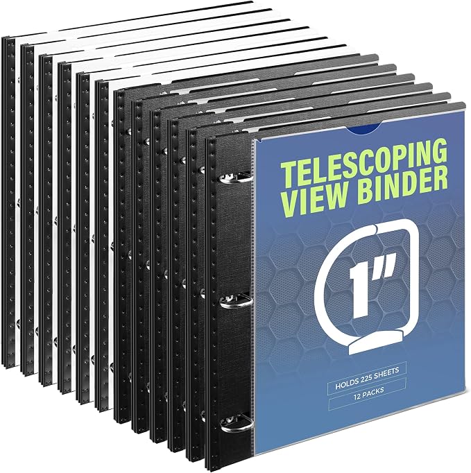 WOT I 1 Inch Telescoping 3 Ring Binder 12-Pack, Expandable Flexible Binder with Customizable Front Cover & Clear Catalog Pocket, Holds 8.5"x11" Paper, School Office Supplies, Black+White