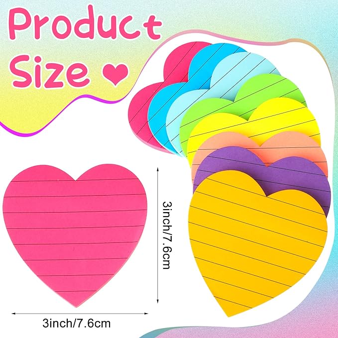 Teling 24 Pack Heart Shape Sticky Notes Heart Lined Sticky Notes Self Adhesive Memo Pads for School Party Exchange Gifts Office Home School 3x3 Inch(Bright Color, Classic)