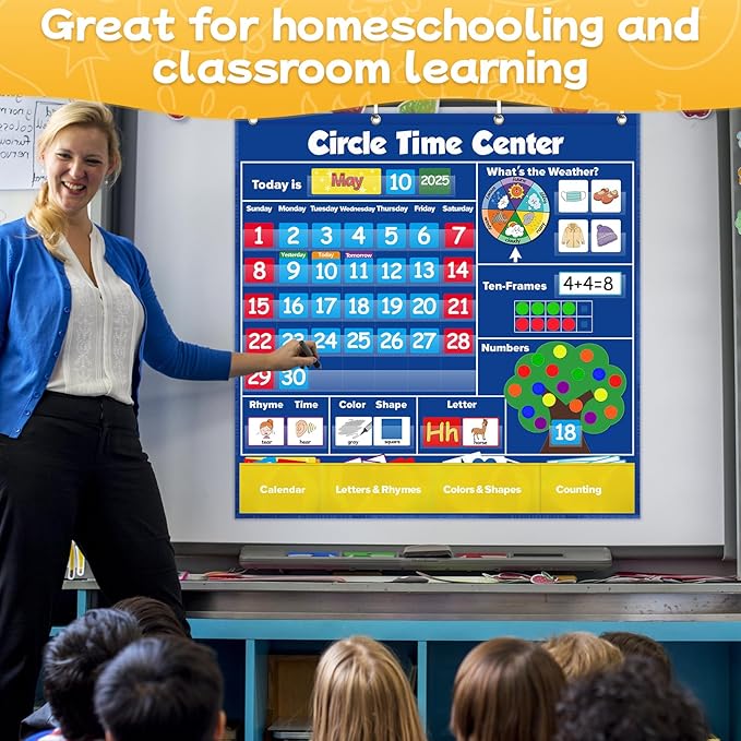 Circle Time Learning Center Pocket Chart Classroom Calendar for Kids, Weather Chart Counting Alphabet Ten Frame Color, Kindergarten Preschool Classroom Must Haves Pre K Learning Activities
