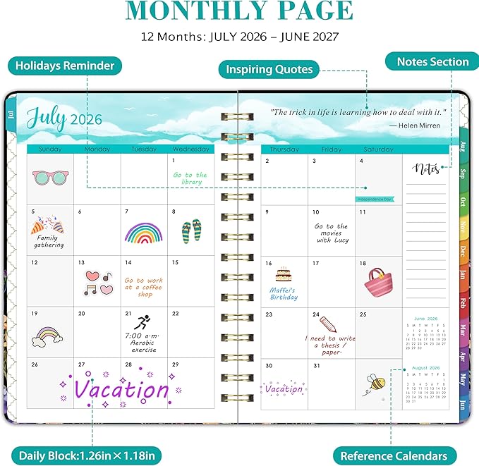 Planner 2026-2027 - Academic Planner 2026-2027, JULY 2026 - JUNE 2027, 6.3" x 8.4", Weekly and Monthly Planner with Color-Coated Tabs, Planners, College School Supplies for Student Teacher Home, Hardcover, Inner Pocket, Romantic Starry Garden Style