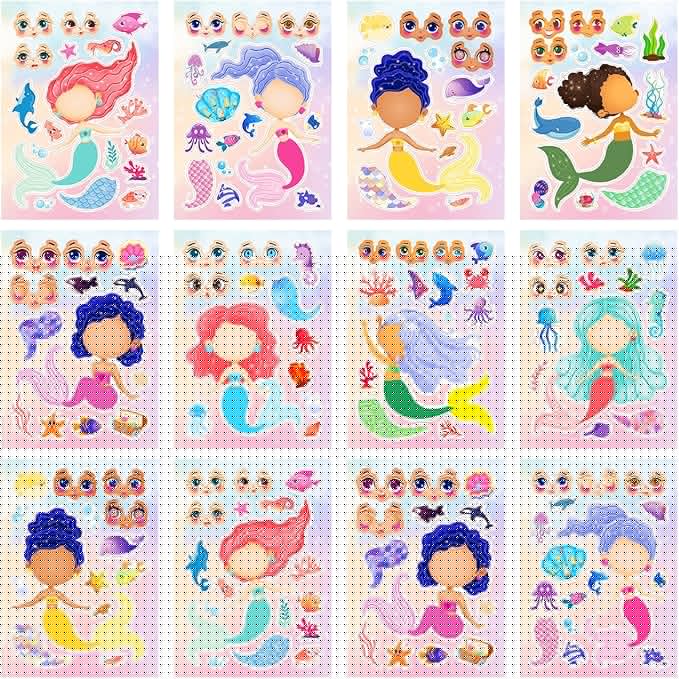 24 Sheets 8.27''×5.9'' Make Your Own Mermaid Stickers for Kids Toddlers, Make a Face Stickers for Kids Party Favors Activities