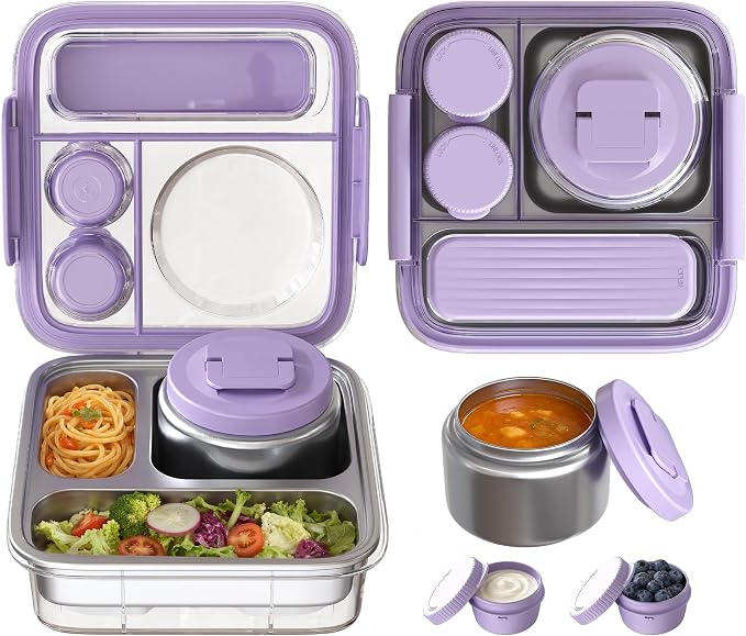 Stainless Steel Bento Lunch Box for Kids Adults with 8oz Insulated Food Jar,Ice Pack,Leak-proof,Dishwasher-Safe,Transparent Lid with Sauce Cup and Cutlery Storage for School & Travel,BPA-Free(Purple)