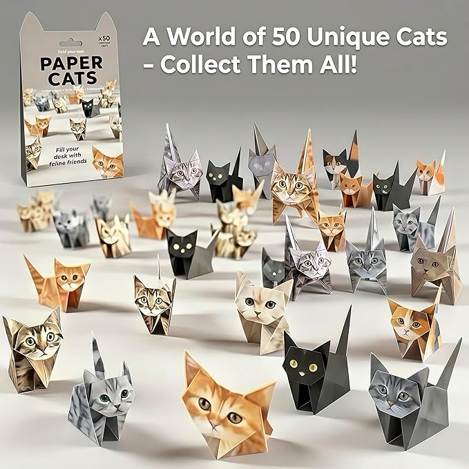 3D DIY Origami Cat Kit for Adults & Teens – 50 Cute Paper Cats to Fold, Relaxing Paper Craft Kit for Cat Lovers, No Glue or Scissors Needed