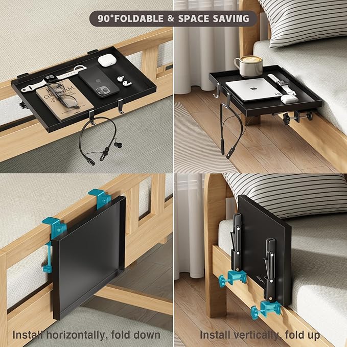 Magheo Bedside Shelf Foldable, Metal Clip-On Bunk Bed Table Shelf for Top Bunk Heavy Duty Bed Side Table Tray for College Dorm Room Essentials, Loft Nightstand Organizer Tray with 1 Cord Hole(Black)