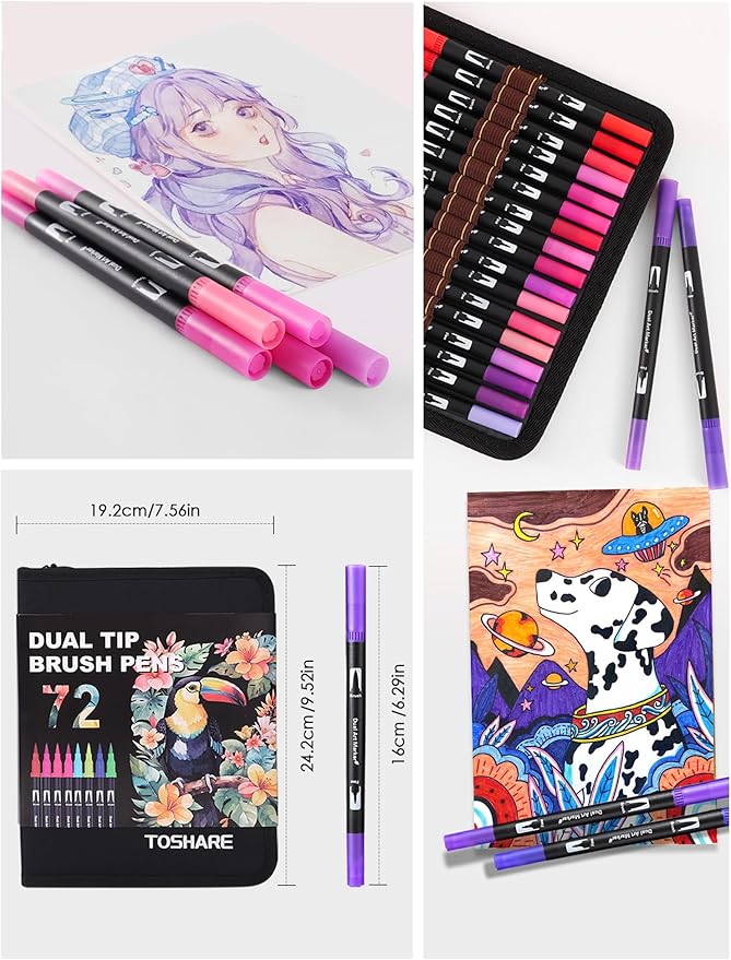 TOSHARE Art Markers Pens Dual Tip Coloring Markers Set with Brush & Fine Nib for Adult Coloring Book Brush Pens Professional Calligraphy & Drawing Art Supplies Kit for Adults (72 Colors)