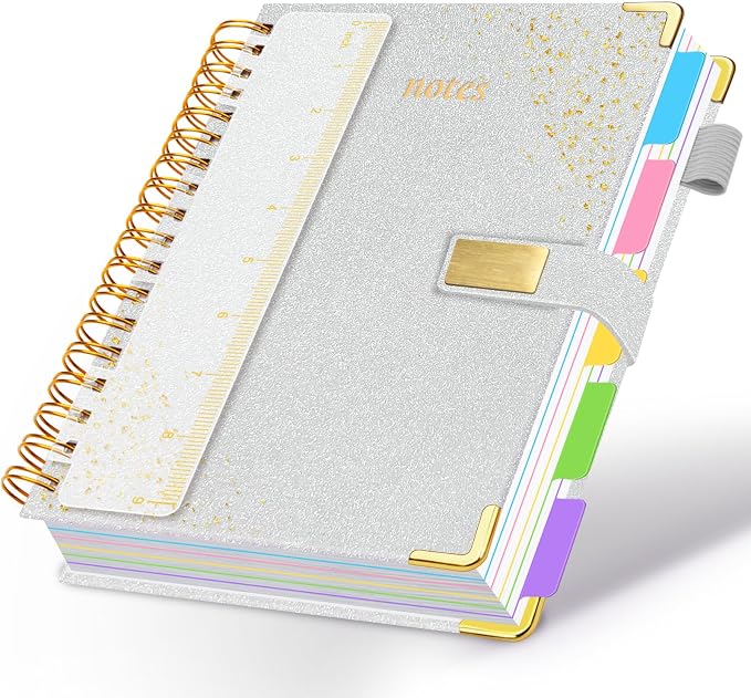 Spiral Notebook Journal 8''x 10'' 5 Subject Notebook with Dividers, 300 Pages Notebook College Ruled with Magnetic Closure, B5 Tabbed Notebooks for Work School, Sparkle Journal for Women (Silver)