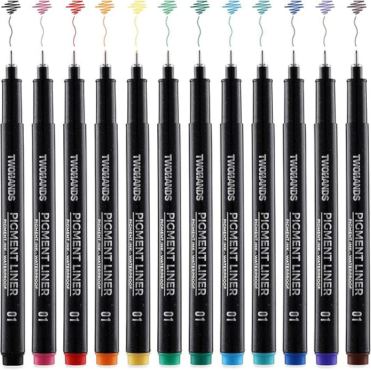 TWOHANDS Drawing Micro Art Pens Marker Pen Colors 01, Fineliner Ink Pens,Set of 12 Technical Drawing pen 0.25mm,Pigment Pen,colord,Waterproof,NO-bleed for Art Watercolor,Sketching,Anime,Manga, 21281