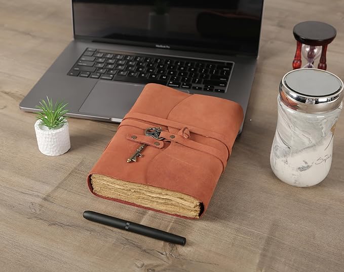 Leather Journal with Deckle Edge Paper 8x6 inch and Vintage Key | Handmade Writing Notebook Diary | Bound Daily Notepad for Men & Women Medium, Sketch/Writing pad for Artists