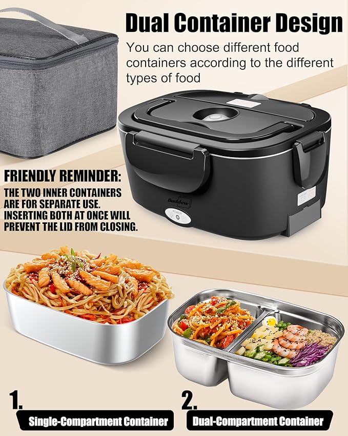 Buddew Electric Heated Lunch Box, 80W Fast Heating with Dual 1.5L Food-Grade 304 Stainless Steel, 12V/24V/110V Portable Food Warmer for Car Truck Office Adults, Lonchera Electrica Portatil (Black)