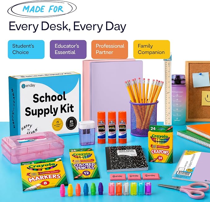 Enday Back to School Supplies for Kids - Pastel Kids School Supply Box, School Supplies Kit with Folders, Notebook, Composition Book, Pencils, Scissors, Markers, Crayons & Glue Sticks
