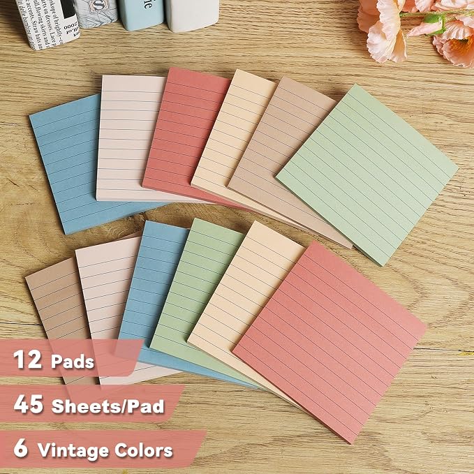 (12 Pack) Lined Sticky Notes 4x4 in, 6 Vintage Colors Self-Stick Note Pads