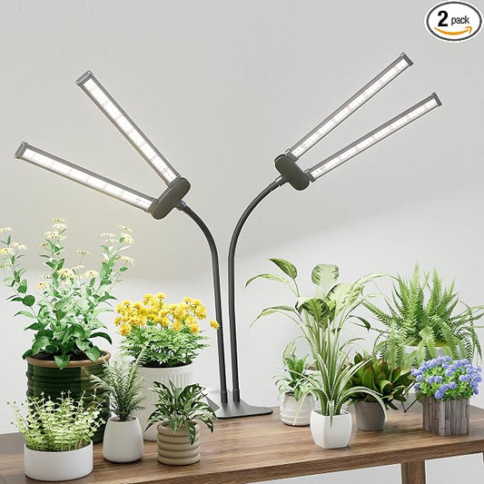 LED Grow Light,Super Bright 6000K White Full Spectrum Clip Plant Growing Lamp with Rotatable Dual Head for Indoor Desk Plants,Dimmable & Timer 4/8/12H,High Power Output for Faster Growth,2-Head