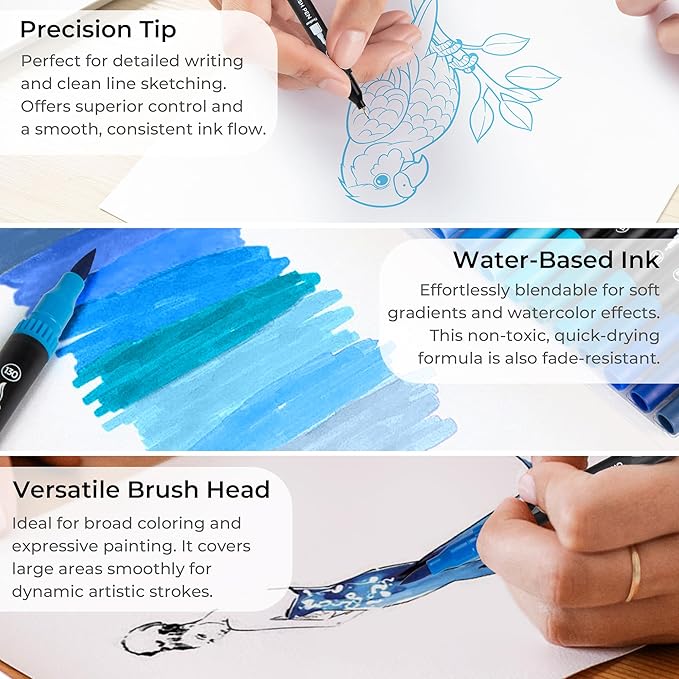 ZSCM Blue Duo Tip Marker Pens, 12 Pack Fine & Brush Markers for Adult Coloring Books No Bleeding, Ocean Blue Markers for Sky & Sea Landscapes, Water Effects, Calming Mandalas and Journaling