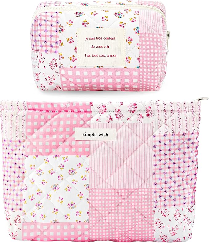 Sminra 2 Pieces Floral Makeup Bag, Cute Travel Quilted Cotton Small Cosmetic Bag Organizer, Coquette Aesthetic Preppy Pouch Purse Toiletry Bag for Women Girls accessories