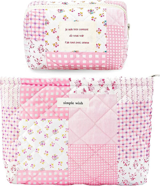 Sminra 2 Pieces Floral Makeup Bag, Cute Travel Quilted Cotton Small Cosmetic Bag Organizer, Coquette Aesthetic Preppy Pouch Purse Toiletry Bag for Women Girls accessories