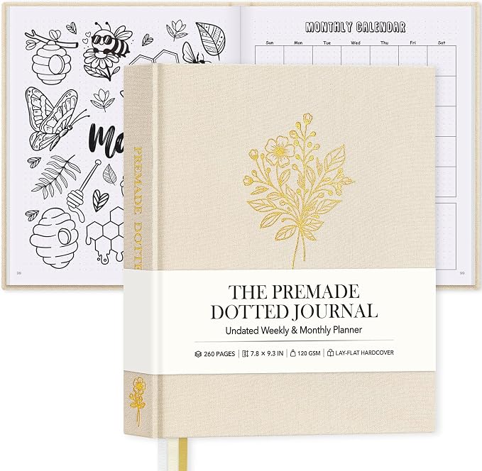 Everloria Premade Dotted Journal Notebook, 12 Months Pre-made Bullet Templates, 260 Hand-Drawn Coloring Pages, Undated Weekly & Monthly Planner, 7.8"x9.3" Linen Dot Grid Habit Mood Tracker, Beige
