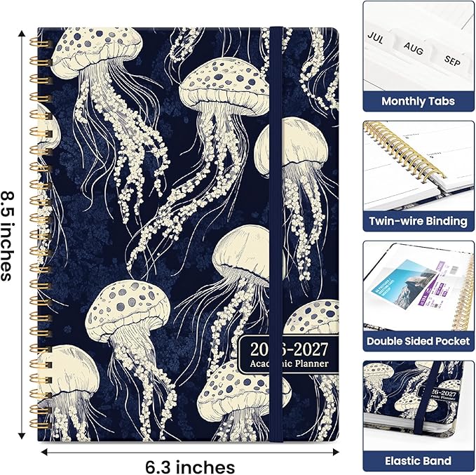 Planner 2026-2027, Academic Year Weekly and Monthly Calender Planner, from Jul 2026 - Jun 2027, Spiral Bound School Planning Book, Perfect for Teacher, Student, Women & Men, A5 (6.3" x 8.5"), Midnight Jellyfish