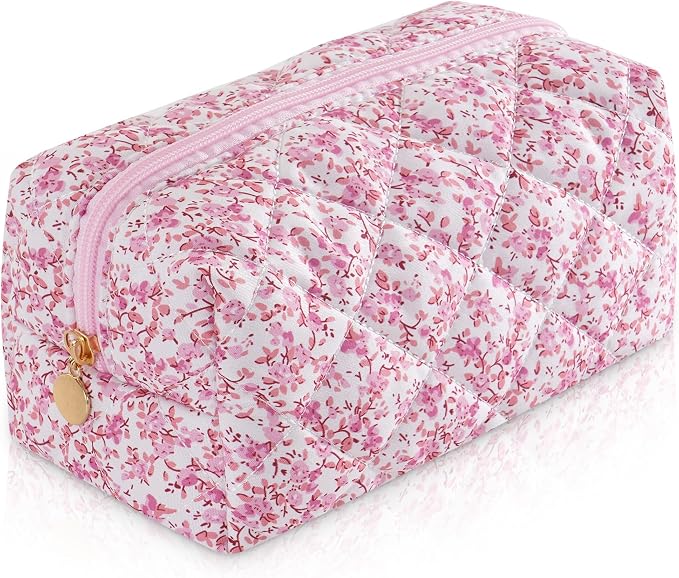 Makeup Bag Travel Toiletry Bag for Women, Small Cosmetic Bags Cute Quilted Cotton Makeup Pouch for Purse Emergency Bag Pencil Case Accessory Bag, Baby Pink